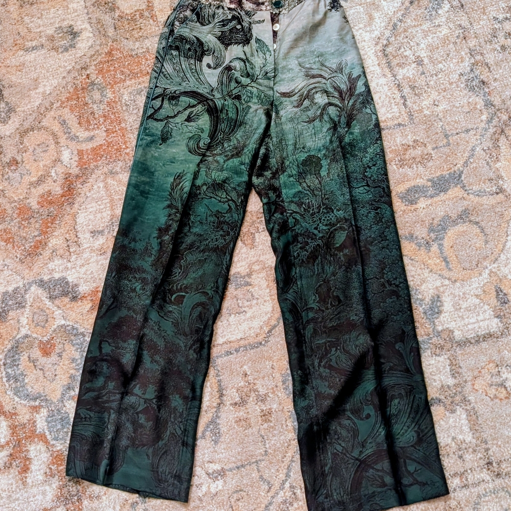 Green and Black Patterned Wide-Leg Pants